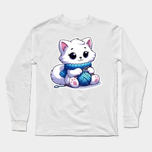 kitten knitting blue scarf Long Sleeve T-Shirt